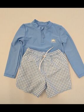 Carter's Light Blue Long-Sleeve Rashguard with Blue & White Gingham Shorts
